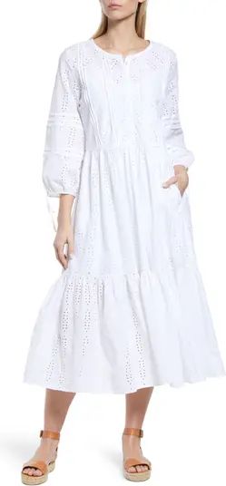 Caslon® Eyelet Three-Quarter Sleeve Cotton Midi Dress | Nordstrom | Nordstrom