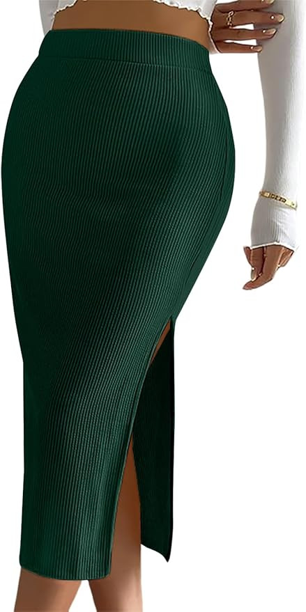 Women's Casual Midi Ribbed Knit Skirt with Side Slit Stretchy Work Business Casual Pencil Pull-On... | Amazon (US)