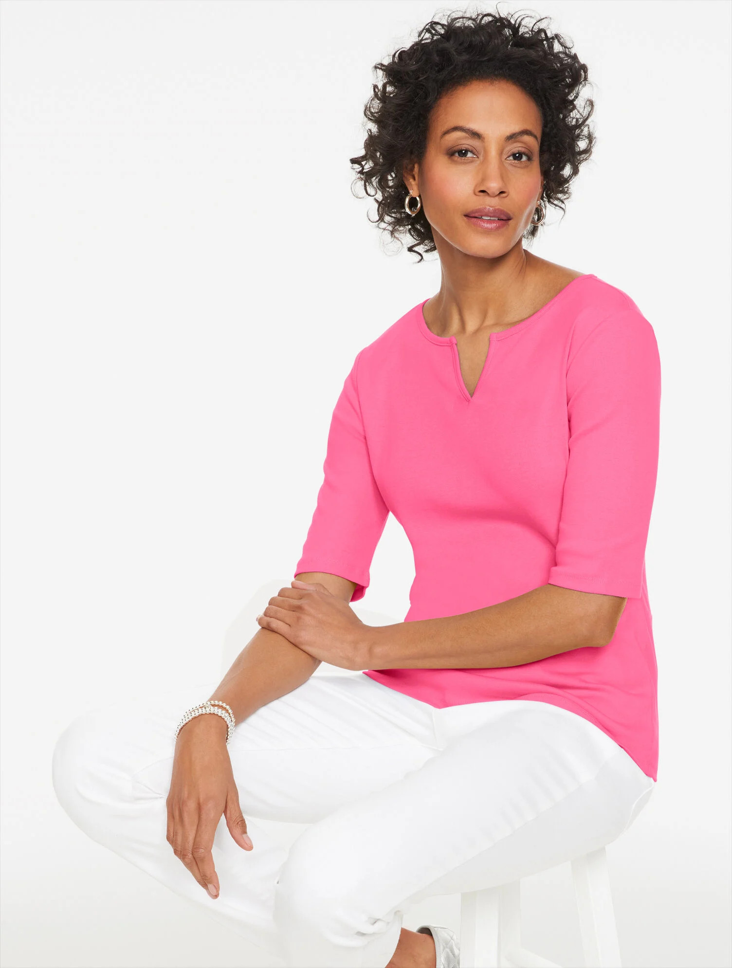 Elbow Sleeve Split Neck Tee | Talbots