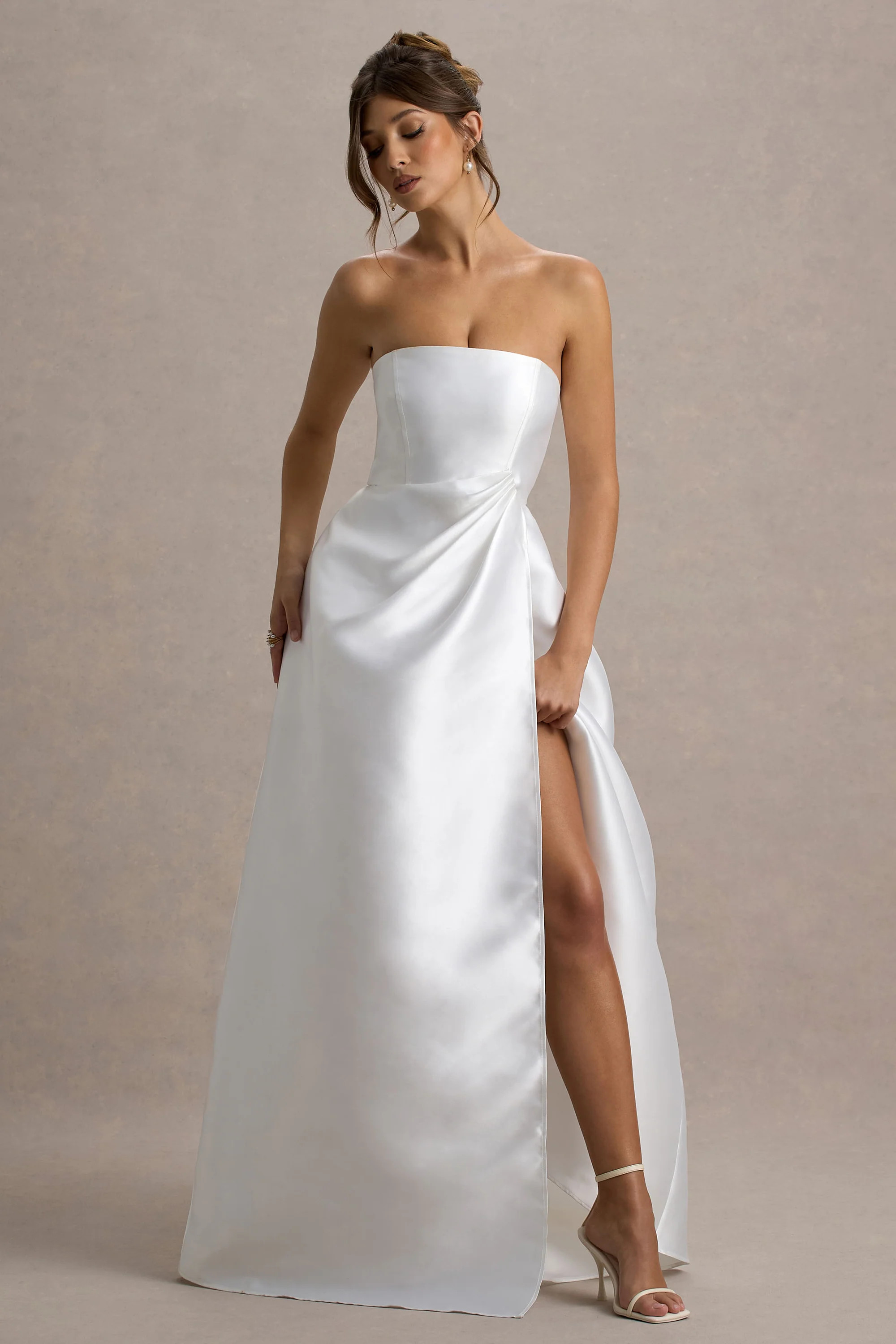 Universe  White Bandeau Split Puff-Skirt Maxi Dress | Club L London