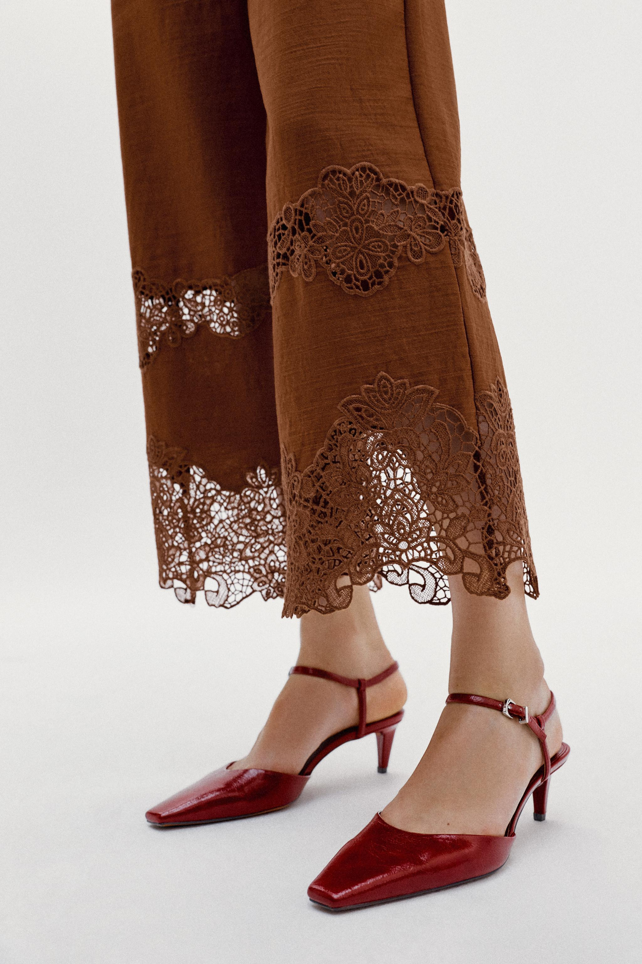EYELET EMBROIDERED WIDE-LEG TROUSERS | Zara US