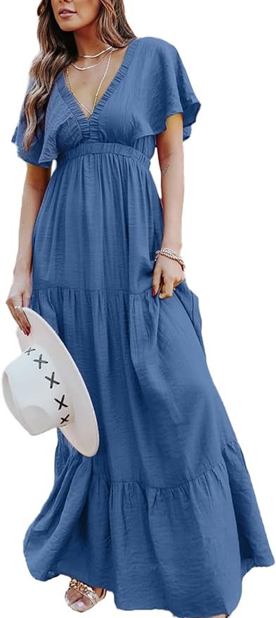 Amegoya Women's Casual Short Sleeve V Neck Floral Maxi Dresses Boho Beach Photoshoot Flowy Ruffle... | Amazon (US)