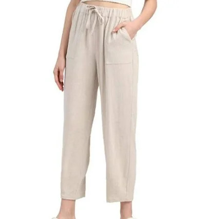 Anna-Kaci Womens Solid Linen Cropped Pants Loose Drawstring Trousers with 4 Pockets Elastic Waist Be | Walmart (US)