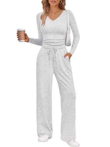 Trendy Queen Two 2 Piece Matching Lounge Sets for Women 2025 Winter Clothes Fashion Travel Vacation Sets Sweatsuits Casual Workout Airport Outfits Fall Clothing White Grey S | Amazon (US)