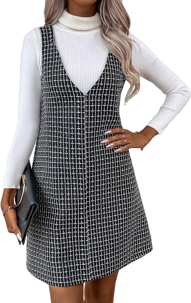 OYOANGLE Women's Plaid Print Sleeveless V Neck Straight Short Dress Pinafore Dresses | Amazon (US)