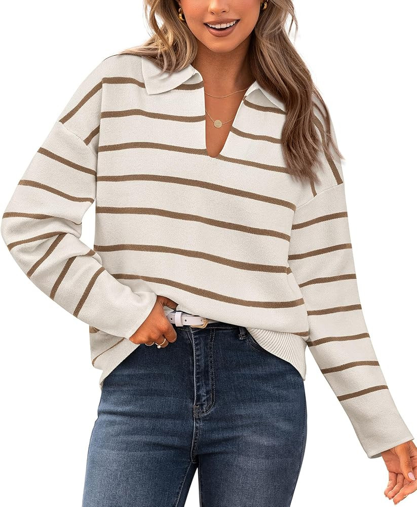 CFLONGE Women's Casual Striped Pullover Sweater Long Sleeve Polo V Neck Lightweight Loose Fit Dro... | Amazon (US)