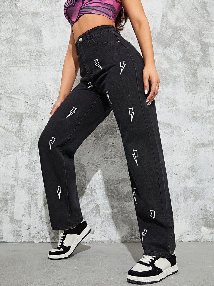 SHEIN SXY High Waist Lightning Print Jeans | SHEIN