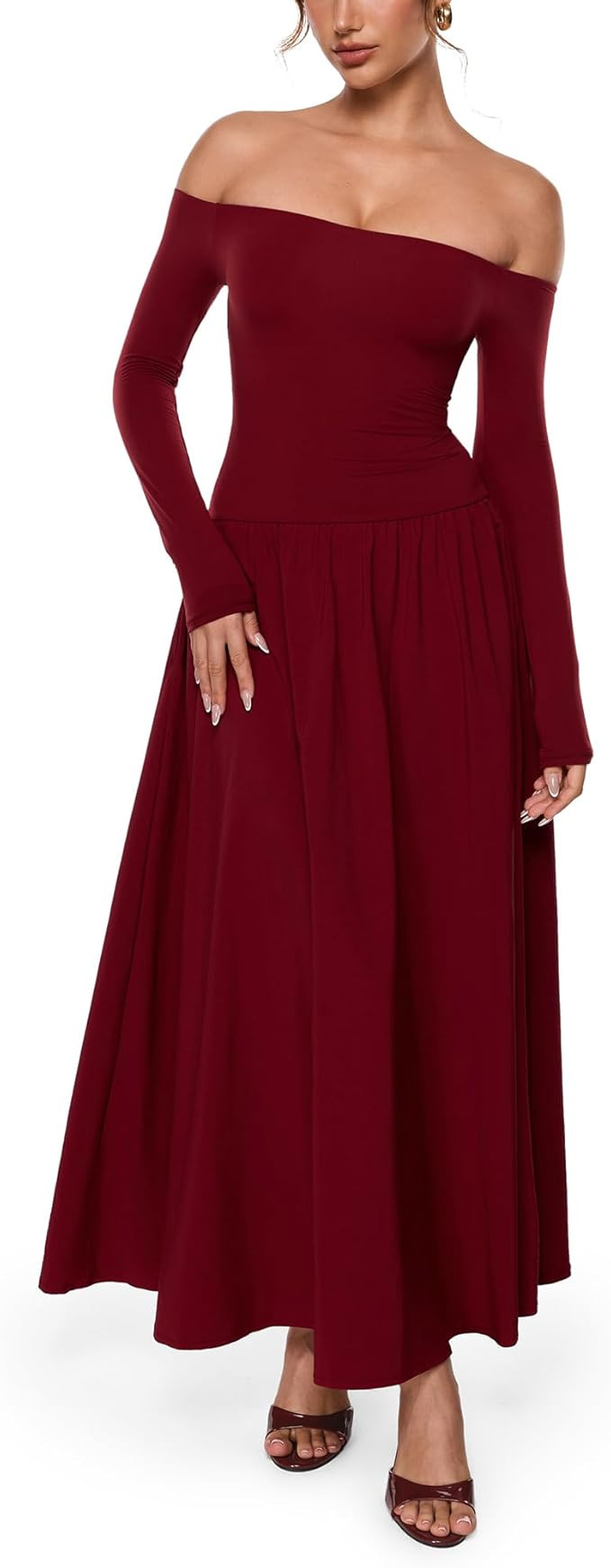 INLYRIC Women's Off The Shoulder Long Sleeve Maxi Dresses Elegant Formal Wedding Guest Cocktail L... | Amazon (US)