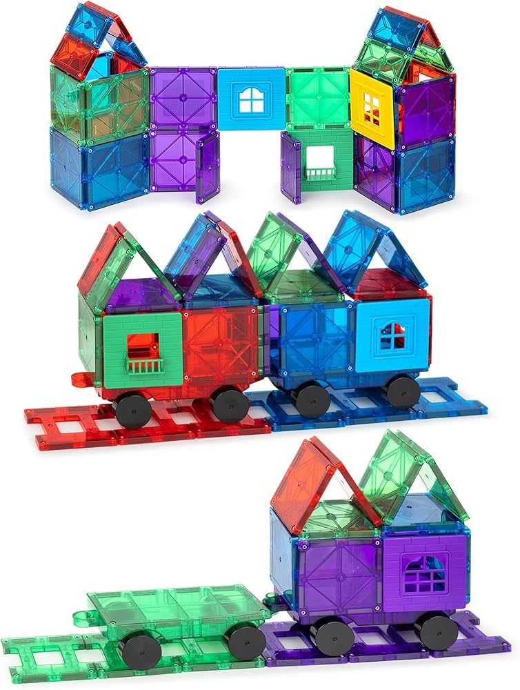 Playmags Magnetic Tiles Train Set, 55 Piece Accessory Set Includes 4 Trains, Super Durable Magnet... | Amazon (US)
