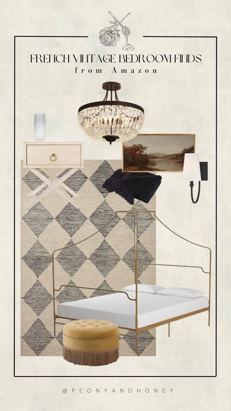 Check out this vintage French Parisian bedroom design complete with a canopy bed frame, harlequin diamond area rug, vintage wall art, and more home accents! #competition #homedecor #interiordesign #bedroom #bedroomdesign #bedroomdecor #bedroomfurniture #rugs #sconce #lighting #nightstands #chandelier #bedframe #wallart #frenchhome #parisian

#LTKFind #LTKhome