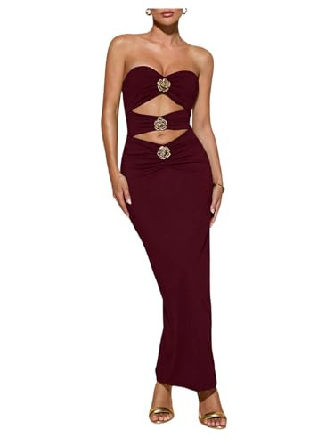 WDIRARA Women's Cut Out Strapless Tube Dress Metal Flower Ruched Bodycon Dress Burgundy Medium | Amazon (US)