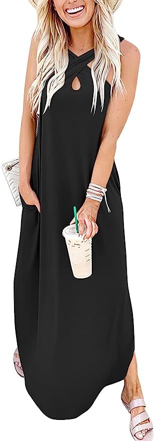 Prinbara Women's Casual Loose Sundress Long Dress Crisscross Sleeveless Split Maxi Dresses Summer... | Amazon (US)