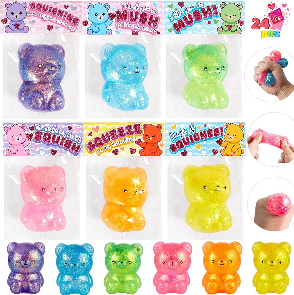 JOYIN 24 PCS Valentine's Day Squishy Toy Bear Toys with Card, Squeeze Stretchy Stress Relief & fo... | Amazon (US)