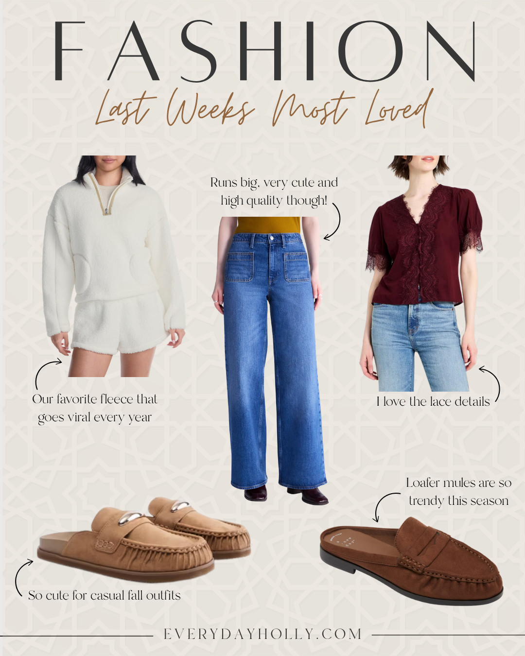 Last week’s most loved finds 🤎 From the fleece set that goes viral every year to wide leg jeans, lace detail tops, and the loafers everyone is wearing this season. These are the pieces you all loved most!
fall best sellers, fall fashion finds, Amazon fall finds, wide leg jeans, fleece set, lace top, loafers, fall shoes, casual fall outfits, fall wardrobe, women over 40 fashion, EverydayHolly 

 