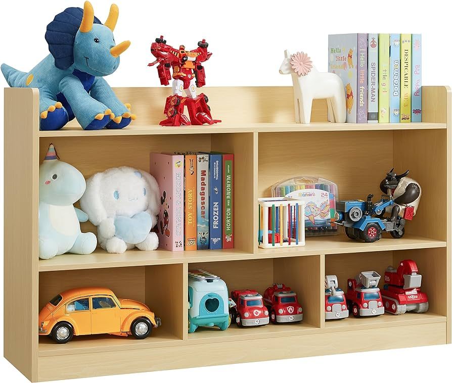 Kids Toy Storage Organizer, 5-Section Bookshelf for Organizing Books Toys, Wooden Storage Cabinet... | Amazon (US)