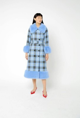 Blue SHRIMPS Tartan Check Plaid Faux Fur Trim Wool Christmas Winter River Coat  | eBay | eBay UK