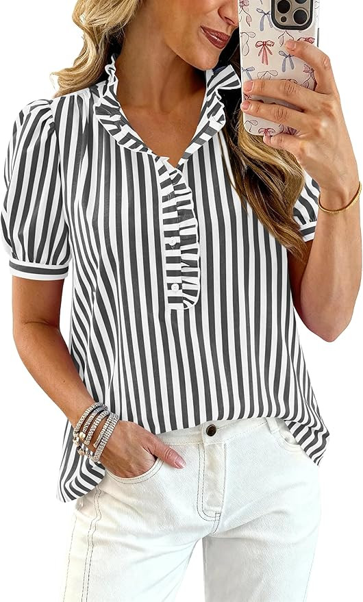 MASCOMODA Womens Puff Short Sleeve Summer Tops Striped Plaid Ruffle V Neck Button Down Shirts Bus... | Amazon (CA)