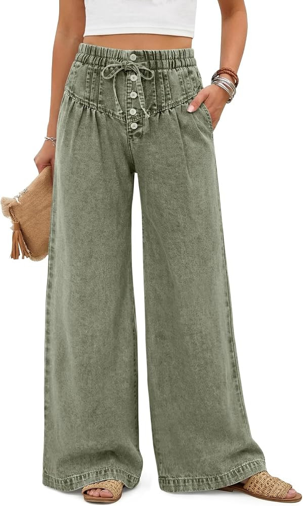 Tankaneo Womens Wide Leg Pants Drawstring Baggy Jeans Denim Palazzo Pants | Amazon (US)