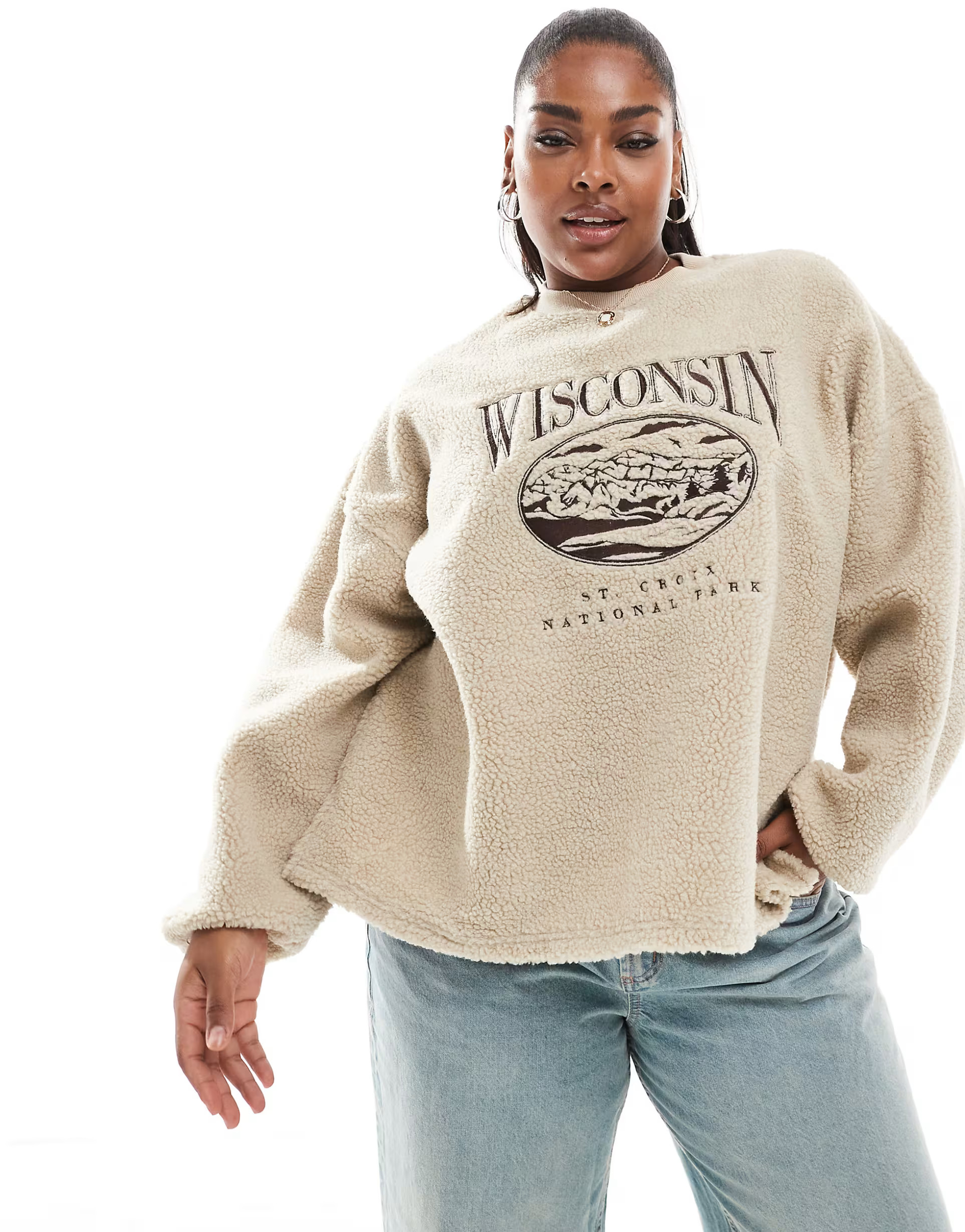 ASOS DESIGN Curve wisconsin embroidered borg sweatshirt | ASOS (Global)