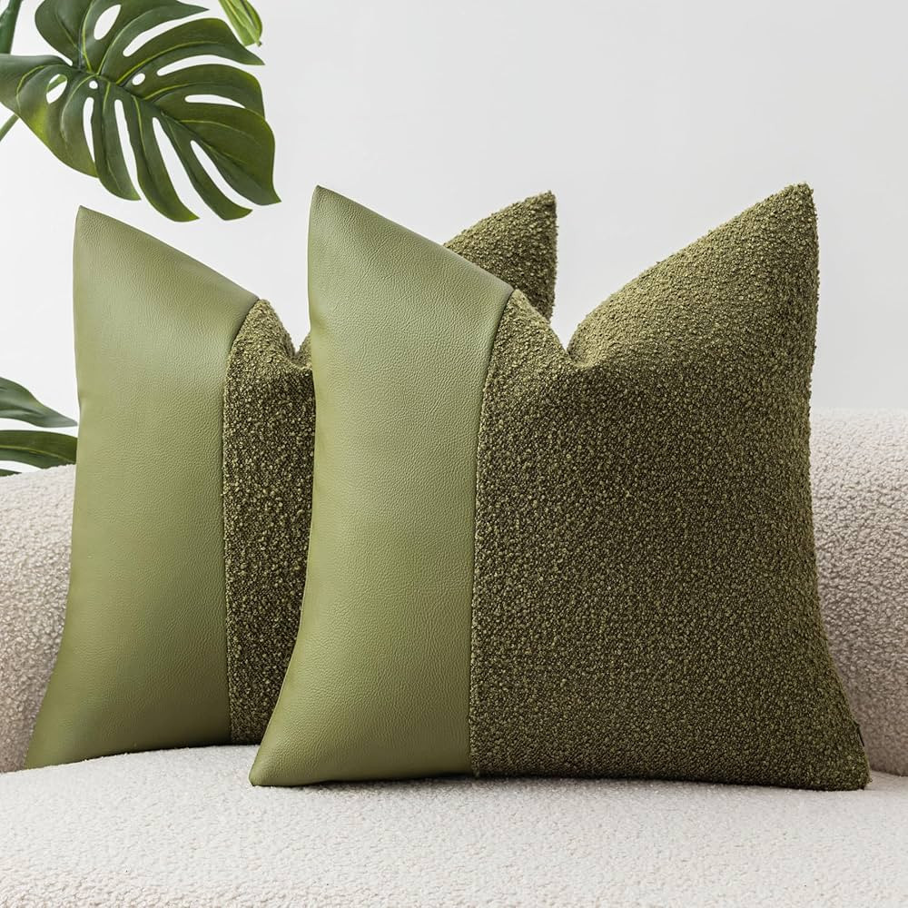 Set of 2 Fluffy Boucle Pillow Covers 20"x20", Forest Green Textured Throw Pillow Covers with Faux... | Amazon (US)