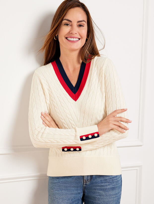 Chevron Cable V-Neck Sweater | Talbots