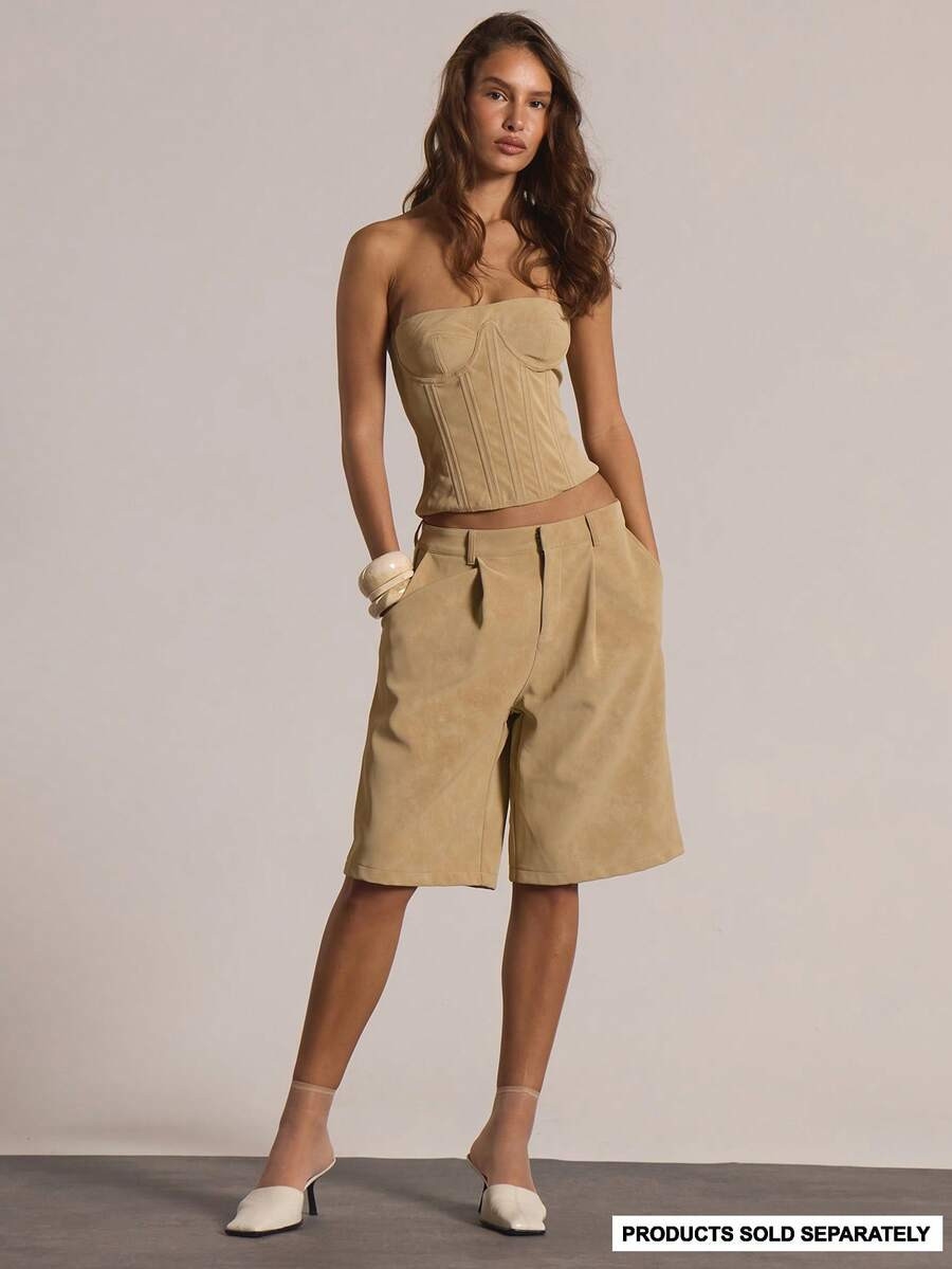MUSERA Low Waist Pleat Longline Suede Bermuda Shorts Only Casual Going Out Sexy Everyday Night Ou... | SHEIN