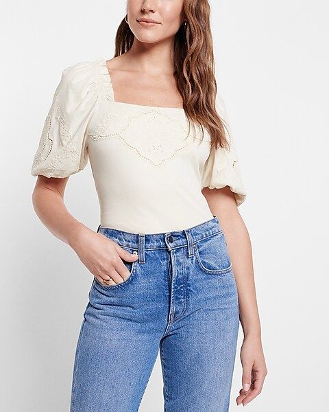 Embroidered Square Neck Puff Sleeve Top | Express