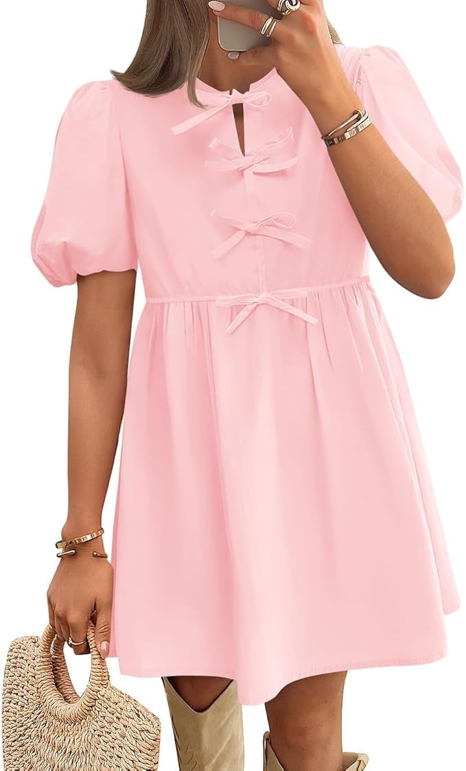 ZESICA Women's Summer Short Sleeve Tie Front Mini Dress Cute Babydoll Ruffle Pleated A Line Tunic... | Amazon (US)