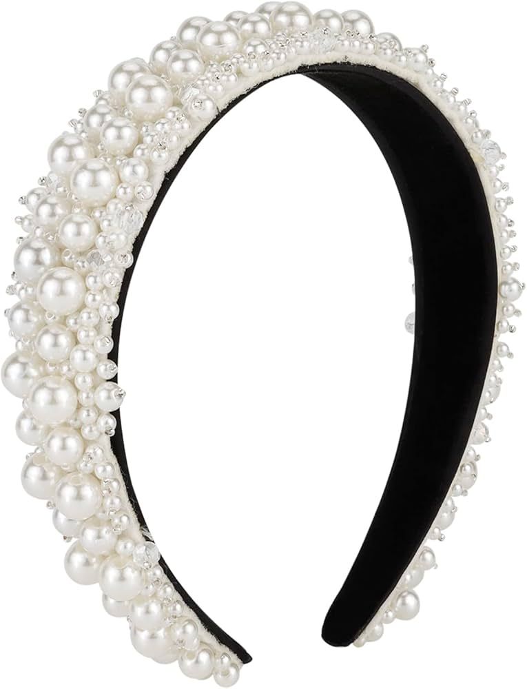 ACO-UINT Pearl Headband for Women, White Faux Pearl Hairband Bridal Headband, Padded Headband wit... | Amazon (US)