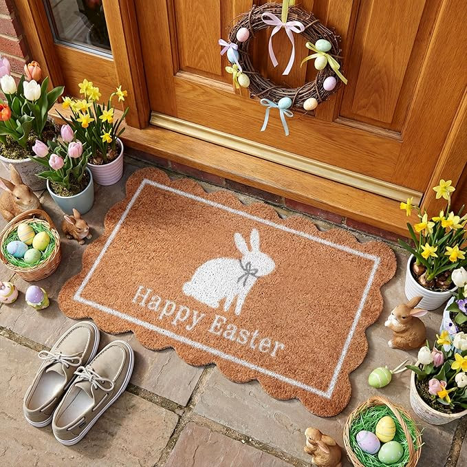 Dunzy Easter Doormat Happy Easter White Bunny Coir Door Mat Outdoor Natural Rabbit Welcome Non-Sl... | Amazon (US)