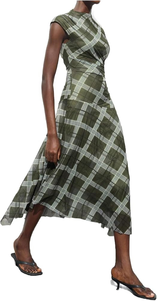Milumia Women's Plaid Print Ruched Maxi Dress Cap Sleeve Asymmetrical Ruffle Summer Long Dresses | Amazon (US)