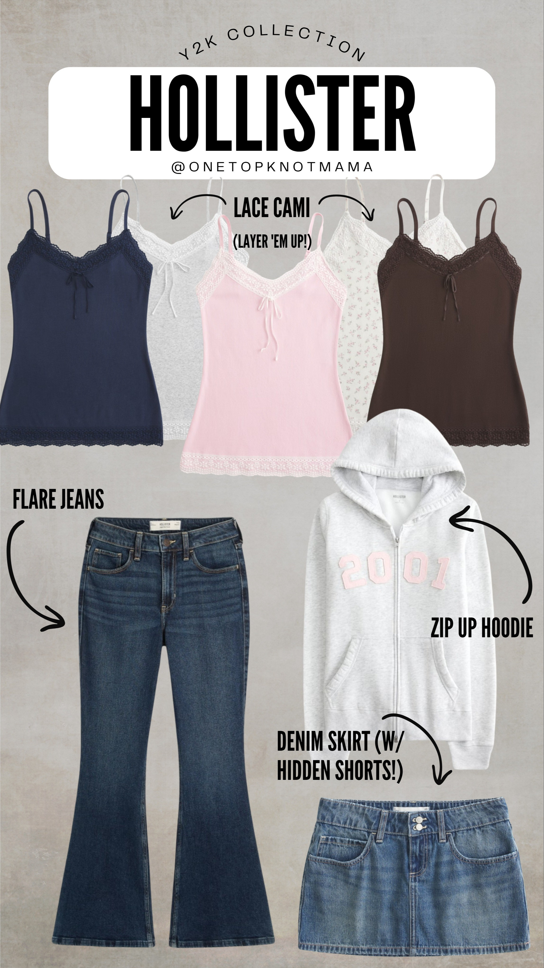 Y2k millenial collection - nostalgic hollister womens style - lace cami - flare jeans - denim skirt skort - zip up hoodie

#LTKStyleTip #LTKFindsUnder100 #LTKFindsUnder50