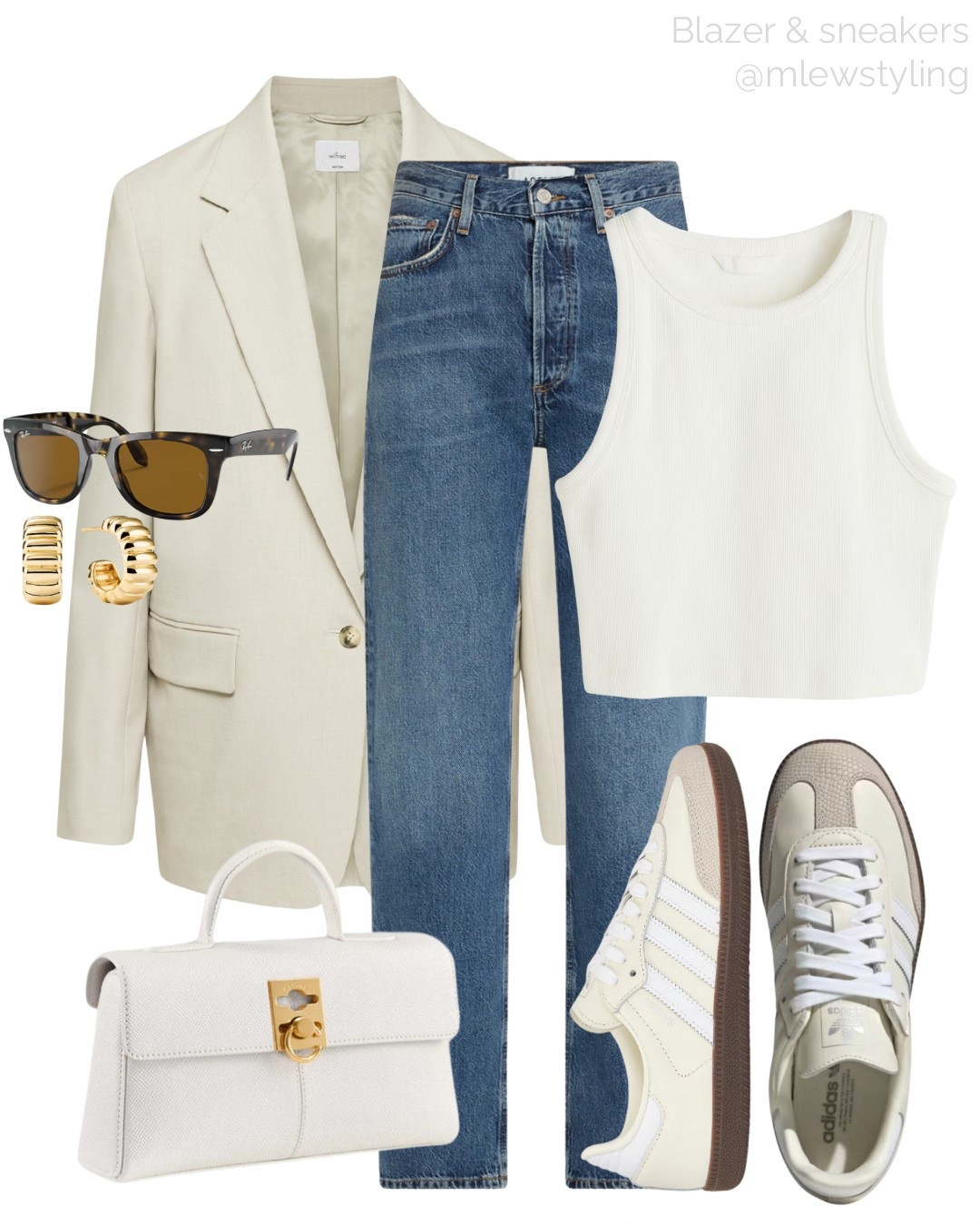 A neutral outfit for spring with a blazer from Aritzia and Adidas Samba sneakers 🤍

- bag is Cafuné and available on their website 🤍

Tags: spring outfit, casual workwear, office outfit, white and cream sneakers, new-in H&M crop tank top, cream coloured blazer, white bag, rayban wayfarer sunglasses, work outfit 

#LTKShoeCrush #LTKStyleTip #LTKWorkwear
