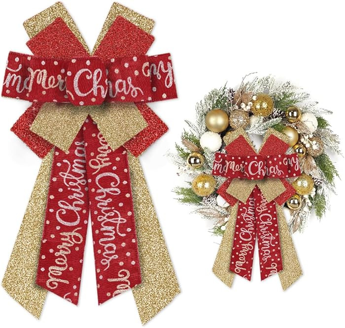 Threetols Large Christmas Bows for Wreath, Gold Red Glitter Wreath Bows Winter Dot Bows for Front... | Amazon (US)