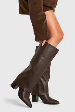Textured Foldover Stacked Heel Knee High Boots | boohoo (US & Canada)