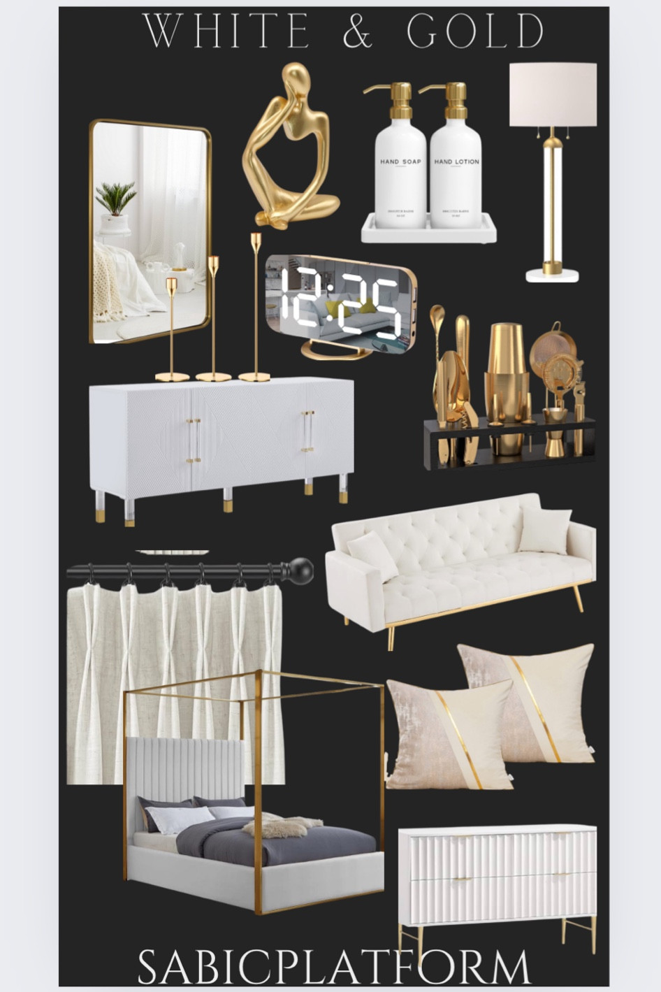 Amazon, amazon home, home finds, furniture, amazon furniture, white home, gold home, white & gold home, modern, modern home, cabinet, tv stand, sofa, leather couch, gold throw pillows, pleated curtains, gold mirror, shelf decor, soap dispenser, lamp, table lamp, living room, dining room, kitchen, bathroom, entryway, office, hallway, entertainment center, barista set, clock, candle holders, brass, brass lighting, lighting, bed, bedding, bedroom, 

#LTKStyleTip #LTKFindsUnder100 #LTKHome