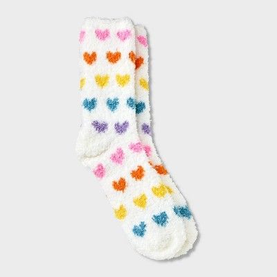 Women's Rainbow Hearts Valentine's Day Cozy Crew Socks - Cream 4-10 | Target