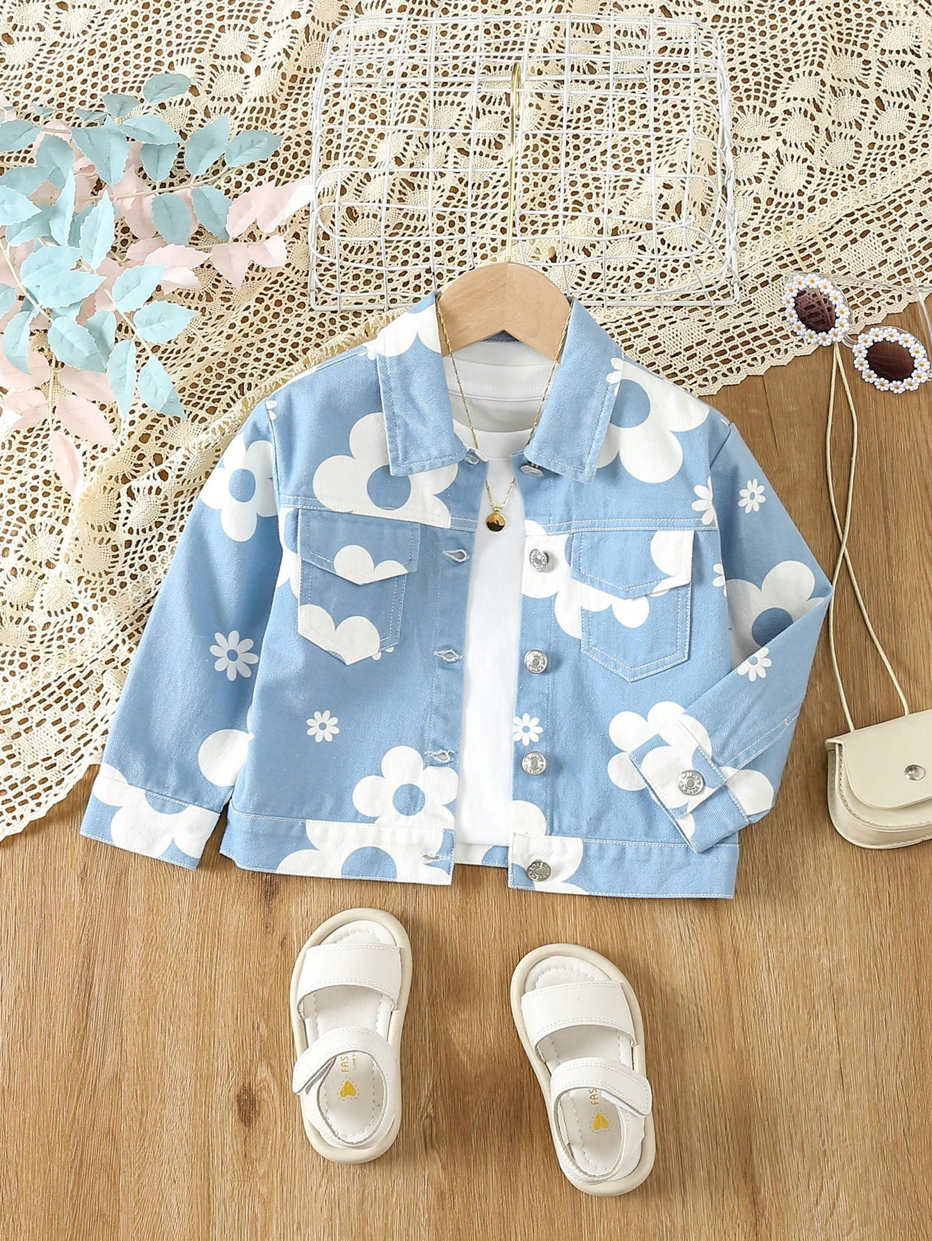 TrendsYoung Girl Floral Print Flap Pocket Denim Jacket Without Tee | SHEIN