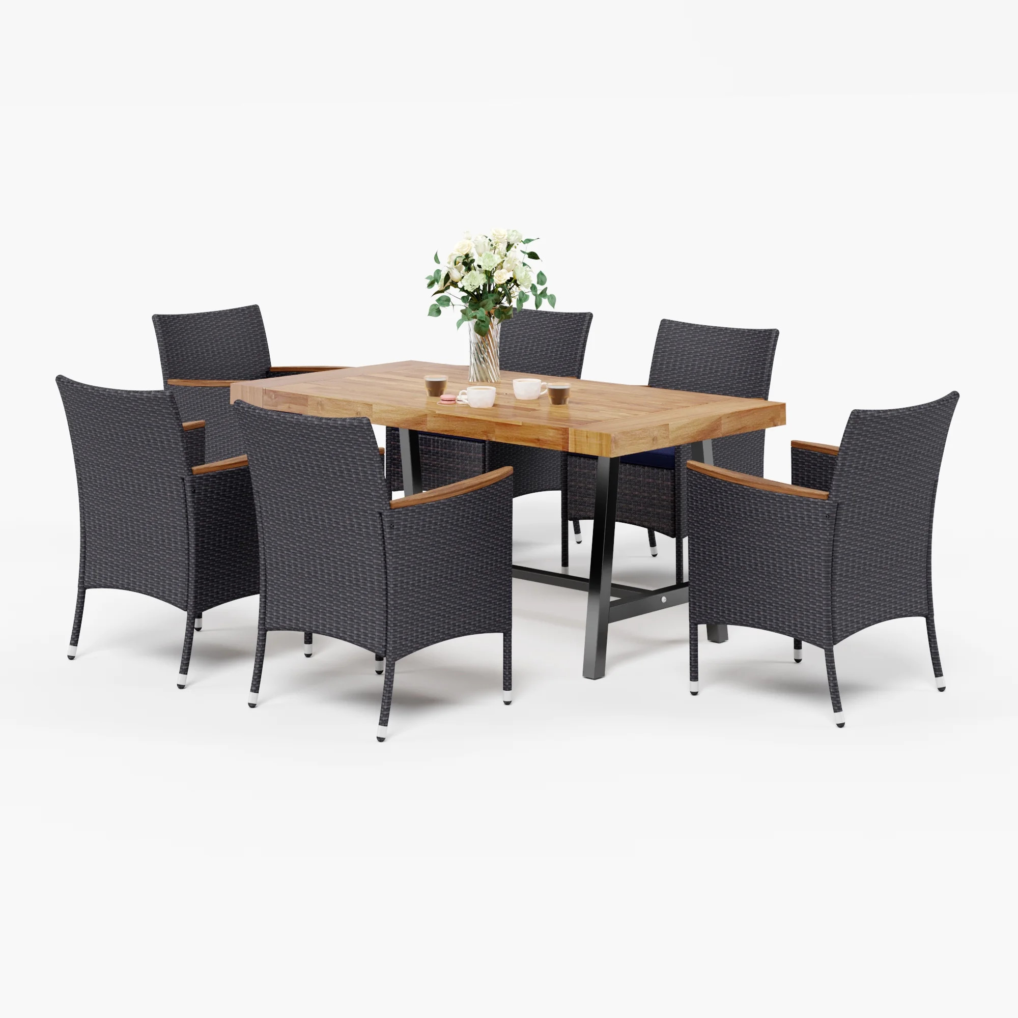 MF Studio Outdoor 7 Piece Acacia Wood Dining Set Patio Furniture with 6PCS Wicker Dining Chairs a... | Walmart (US)