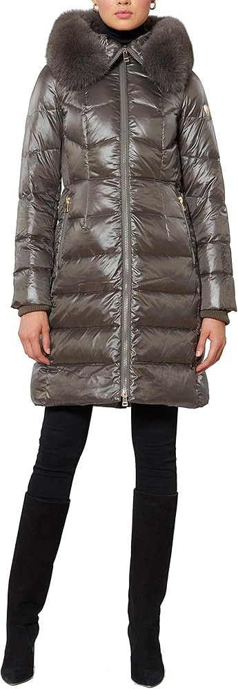 1 Madison Women's Long Winter Coat with Fox Fur Trimmed Hood, Taupe, Medium | Amazon (US)