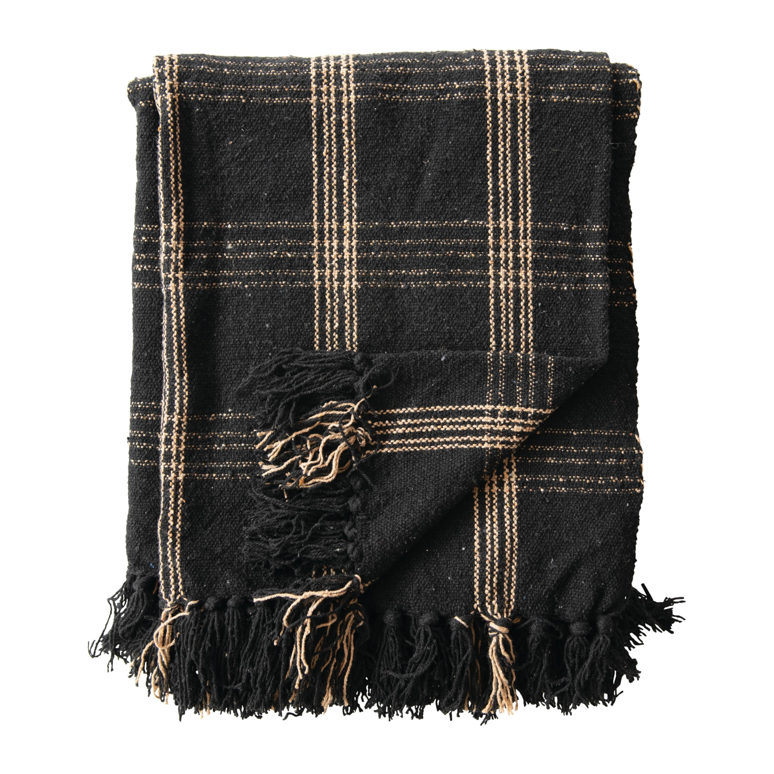Plaid Black & Tan Fringed Woven Cotton Blend Throw | Amazon (US)
