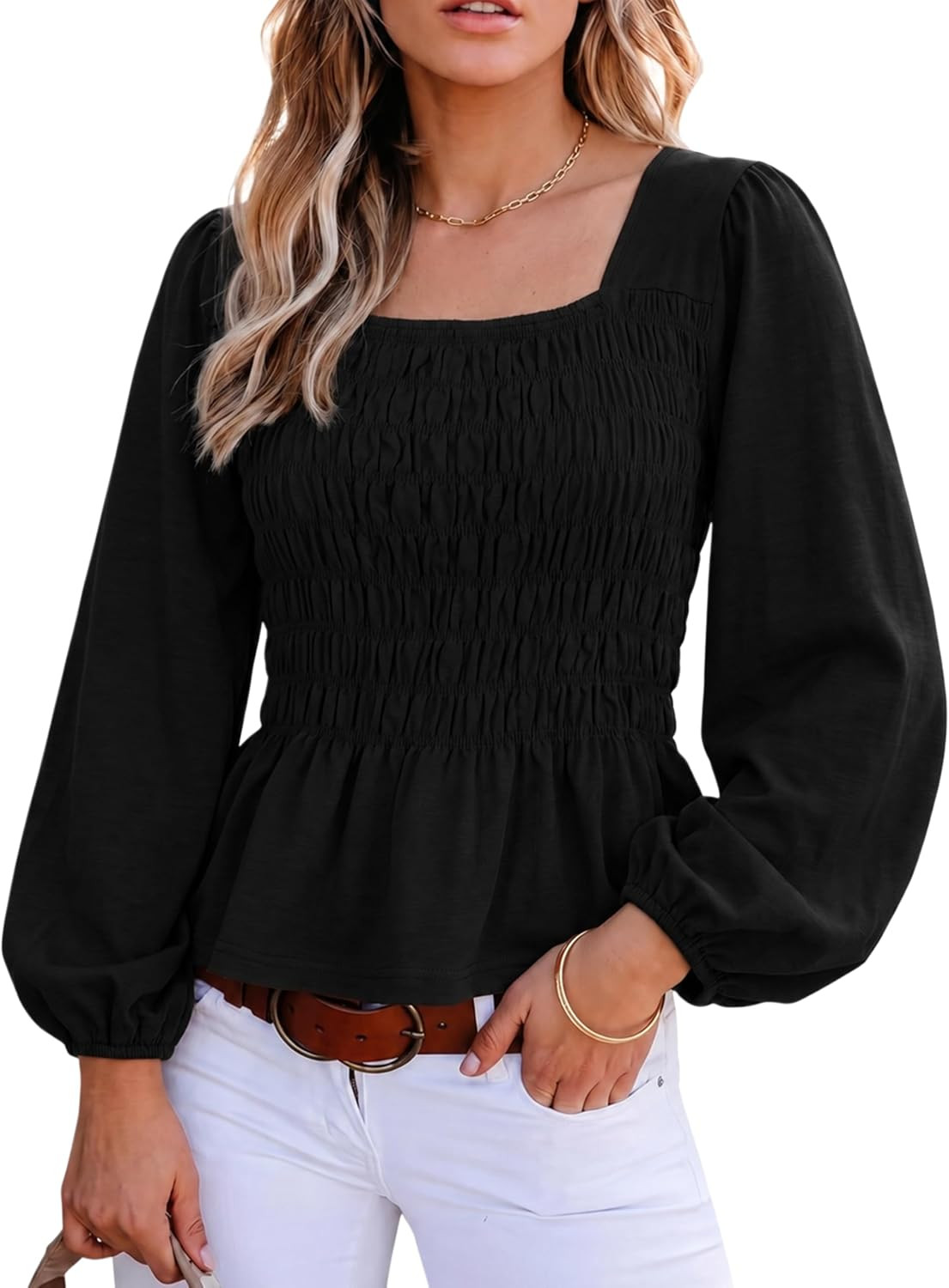 Watashi Women Square Neck Smocked Long Sleeve Peplum Top | Amazon (US)