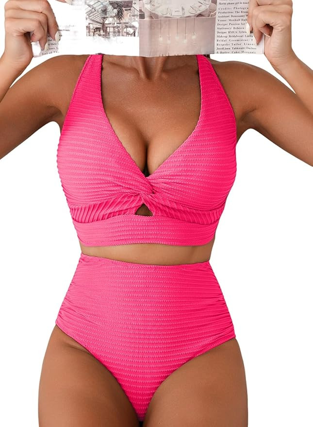 Herseas Women's Textured Bikini Sets Twist Front Top Swimsuits High Waisted Bathing Suits | Amazon (US)