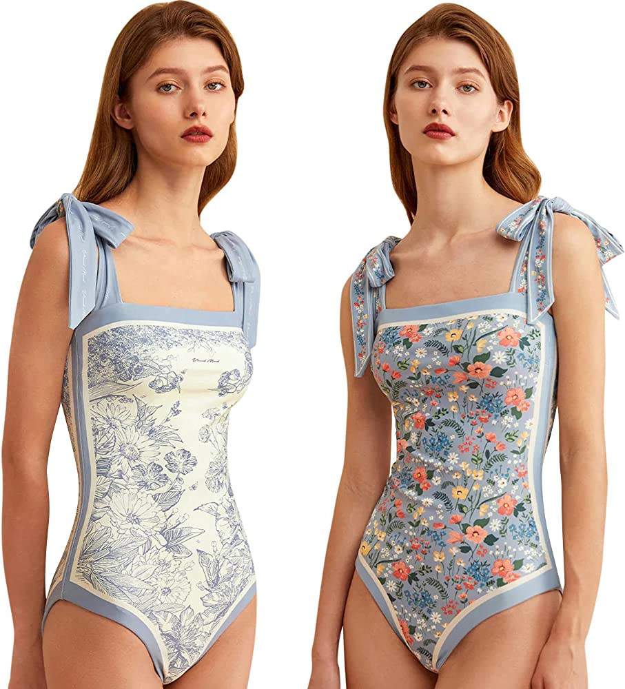 Women Double-Sided Floral One Piece Swimsuits Reversible Tie Shoulder Monokini Tummy Control Bath... | Amazon (US)