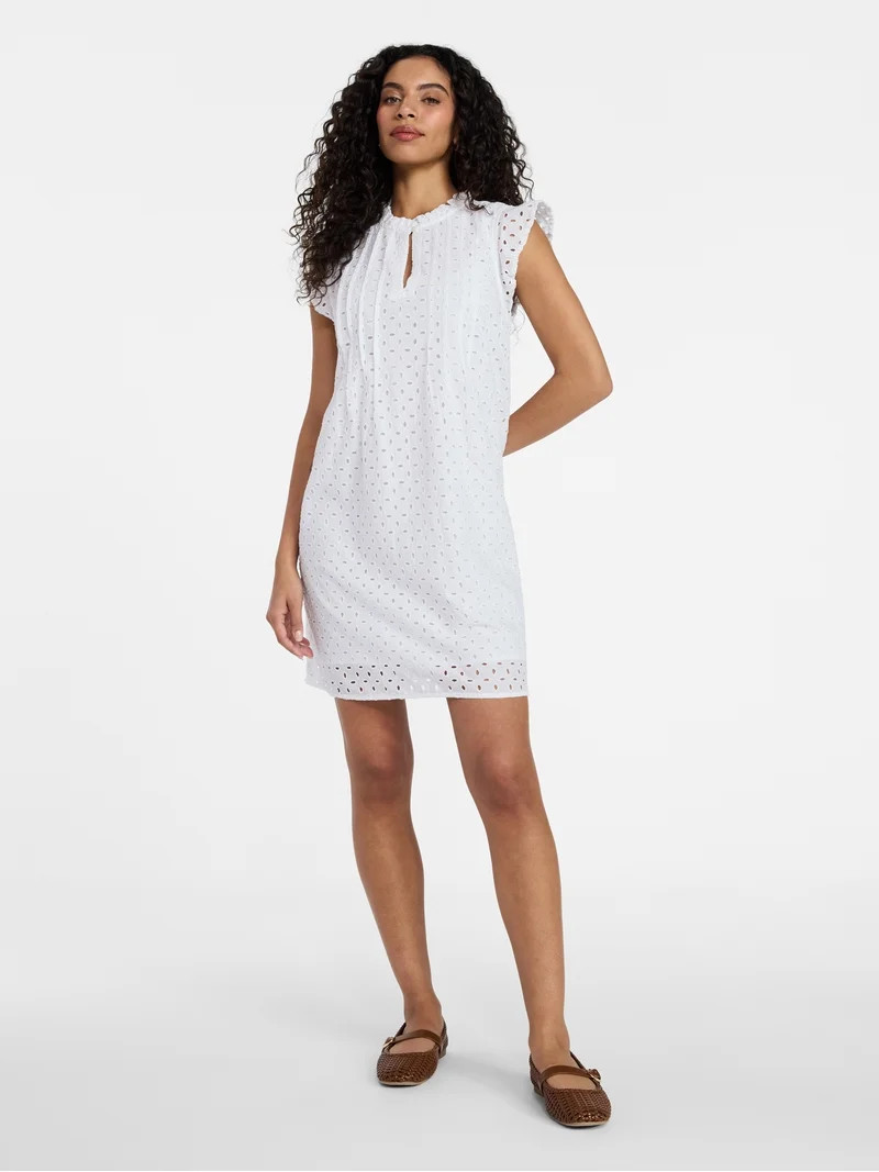 Time and Tru Women's Cotton Eyelet Mini Dress with Flutter Sleeves, Sizes XS-XXXL | Walmart (US)
