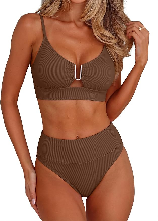 ANRABESS Bikini Sets for Women Summer High Waisted 2 Piece Bathing Suit Ribbed U-Wire Cutout Swim... | Amazon (US)