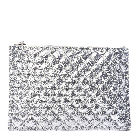 VALENTINO GARAVANI Glitter Rockstud Spike Zip Pouch Silver | FASHIONPHILE (US)