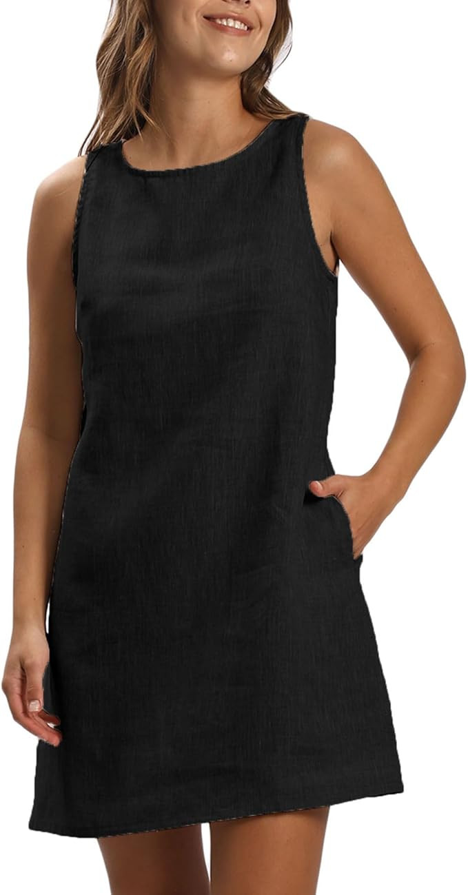 Amazhiyu Women's 100% Linen Summer Casual Sleeveless Crewneck Mini Tank Dresses | Amazon (US)