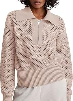 Women's Half Zip Pullover Sweaters Crochet Lapel Collar Long Sleeve Knit Solid Color Jumper Tops | Amazon (US)
