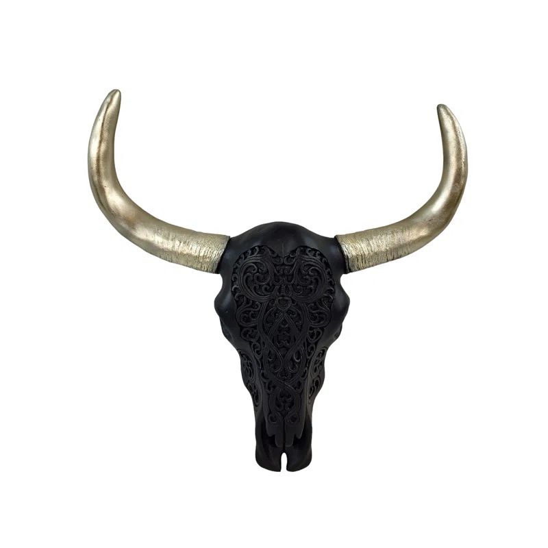 Southwestern Jet Black Ornate Carved Scroll Longhorn Cow Bull Skull & Gold Horn Hanging Wall Déc... | Wayfair North America